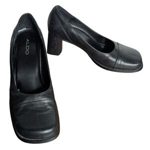Aldo Women's 38 Black Square Toe Retro 90s Chunky Heel‎ Shoes